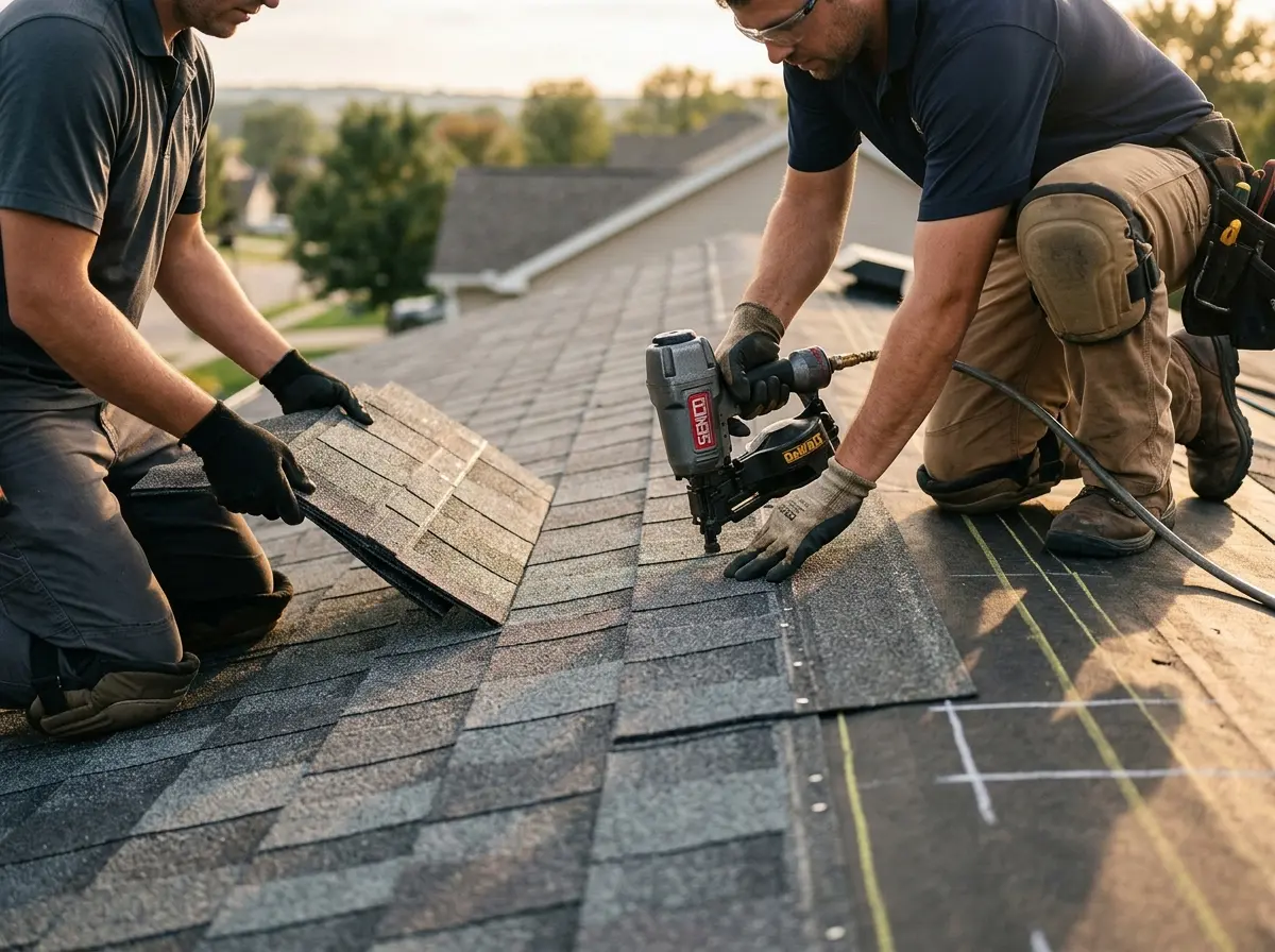 Professional roofer working on a residential roof in Falls Church